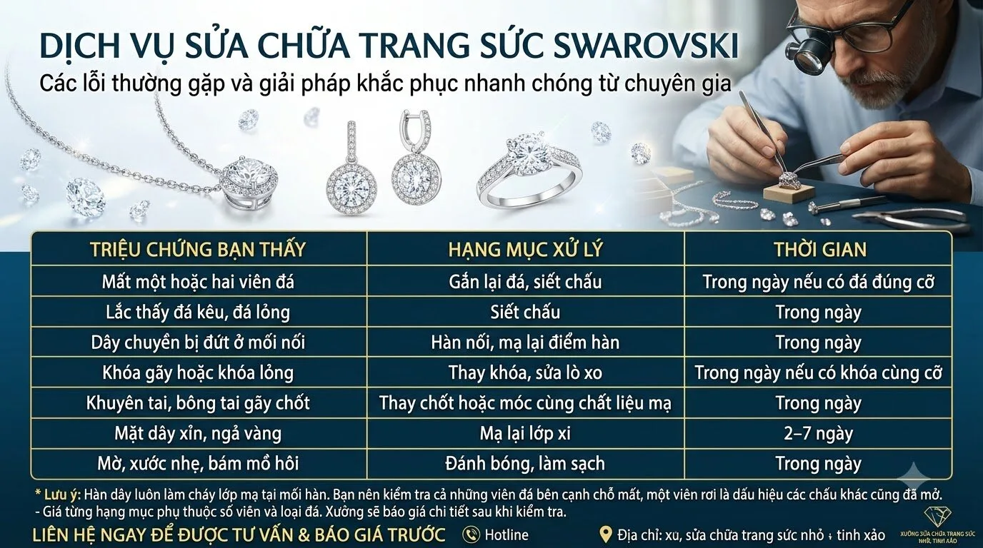 Sửa chữa trang sức swarovski gồm những dịch vụ nào? Sửa chữa trang sức swarovski gồm những dịch vụ nào?